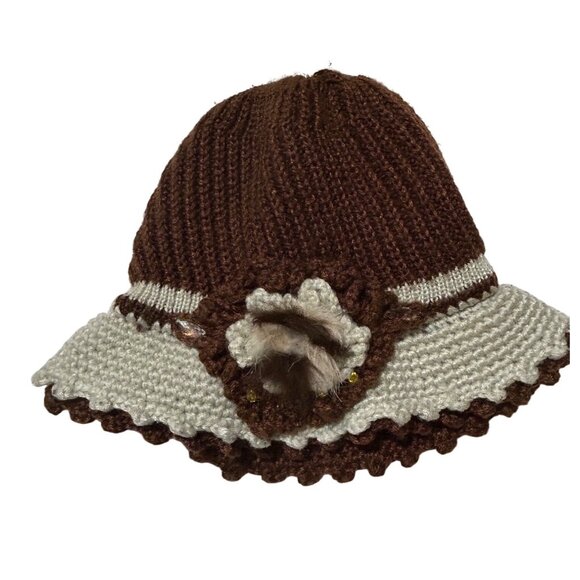 Handmade Crochet Cloche Hat Brown Cream Faux Fur Flower Retro Cottagecore - Picture 1 of 8